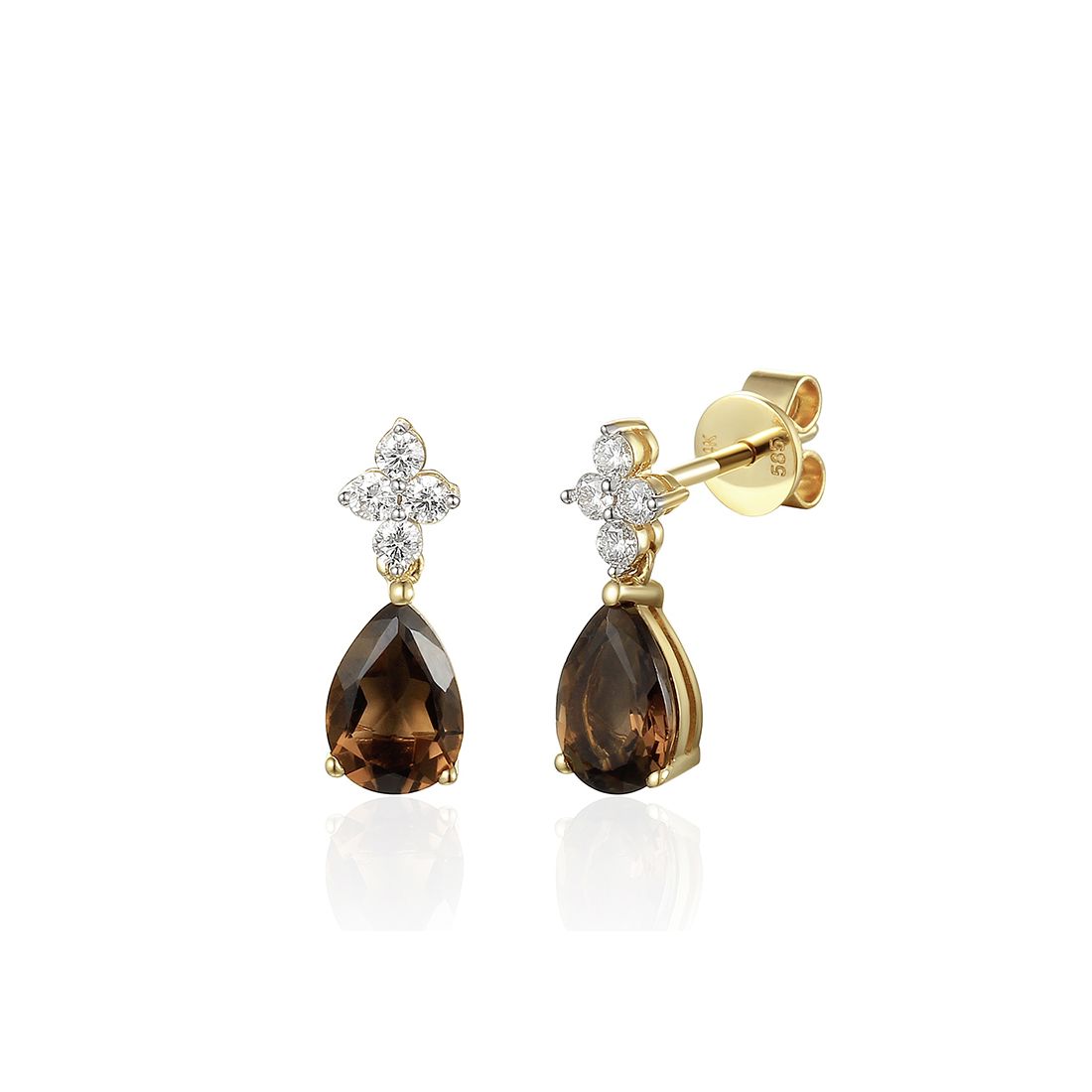 14 KRTS GEEL GOUDEN OORSTEKERS MET ROOKKWARTS EN DIAMANT gge1547